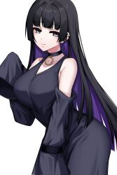 Rule 34 | 1girl, bare shoulders, black choker, black dress, black eyes, black hair, black sleeves, blue hair, bocchi the rock!, choker, closed mouth, collarbone, colored inner hair, commentary, curvy, detached sleeves, dress, goth fashion, hand up, highres, kushinaka, long hair, looking at viewer, mouth piercing, multicolored hair, pa-san, simple background, sleeveless, sleeveless dress, sleeves past fingers, sleeves past wrists, smile, solo, straight hair, upper body, very long hair, white background