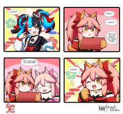 Rule 34 | !, 3girls, 4koma, animal ear fluff, animal ears, animal hands, bell, black bow, black choker, black hair, black nails, black shirt, blue hair, bow, cat paws, choker, closed mouth, comic, commentary, copyright name, covered eyes, english commentary, english text, eyewear hang, fangs, fate/grand order, fate (series), fingernails, fox ears, fox girl, fox tail, gloves, hair between eyes, hair bow, highres, holding, holding tablet pc, jacket, jacket partially removed, japanese clothes, jingle bell, keita naruzawa, kimono, koyanskaya (fate), long sleeves, looking at another, multicolored hair, multiple girls, nail polish, neck bell, off shoulder, one eye closed, open mouth, paw gloves, pink hair, pink kimono, ponytail, red choker, red hair, red kimono, sei shounagon (fate), shirt, sidelocks, smile, speech bubble, spoken exclamation mark, square 4koma, tablet pc, tail, tamamo (fate), tamamo cat (fate), thought bubble, twintails, unworn eyewear, v, white jacket, wide sleeves, yellow eyes