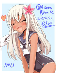 Rule 34 | 10s, 1girl, aikawa ryou, bare arms, blonde hair, blush, crop top, closed eyes, feeding, flower, gloves, hair flower, hair ornament, heart, kantai collection, long hair, no pants, one-piece swimsuit, open mouth, pov, pov hands, ro-500 (kancolle), school swimsuit, school uniform, serafuku, shirt, sleeveless, sleeveless shirt, smile, spoon, swimsuit, swimsuit under clothes, tan, tanline, very long hair, white gloves