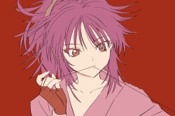 Rule 34 | 1girl, closed mouth, collarbone, colored eyelashes, expressionless, fingerless gloves, gloves, hand up, holding sewing needle, hunter x hunter, japanese clothes, kakeami, kimono, long hair, looking down, machi komacine, messy hair, mouth hold, pink hair, pink kimono, ponytail, portrait, red background, red eyes, red gloves, sewing, simple background, solo, thread