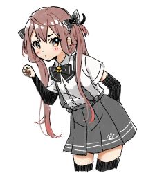 Rule 34 | 1girl, arm behind back, arm warmers, asagumo (kancolle), bad id, bad pixiv id, bell, black bow, black thighhighs, blush, bow, closed mouth, collared shirt, cropped legs, grey eyes, grey skirt, hair between eyes, hair bow, jingle bell, kantai collection, leaning forward, long hair, looking at viewer, nuno (pppompon), paw pose, pleated skirt, shirt, short sleeves, simple background, sketch, skirt, solo, suspender skirt, suspenders, thighhighs, twintails, very long hair, white background, white shirt