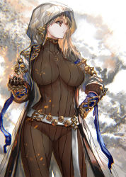 Rule 34 | 1girl, belt, blonde hair, bodysuit, bracer, breasts, clenched hand, cloak, commentary request, covered navel, gloves, hair tubes, hand on own hip, highres, hood, hooded cloak, jewelry, large breasts, long hair, looking to the side, necklace, original, parted lips, partially fingerless gloves, ponytail, ran&#039;ou (tamago no kimi), ribbed bodysuit, solo, studded belt, thighs, white cloak, yellow eyes
