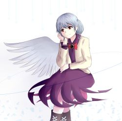 Rule 34 | 1girl, boots, bow, bowtie, cross-laced footwear, dress, head rest, jacket, khylimei, kishin sagume, long sleeves, looking to the side, open clothes, open jacket, red eyes, short hair, silver hair, single wing, sitting, smile, solo, star (symbol), touhou, white background, wings