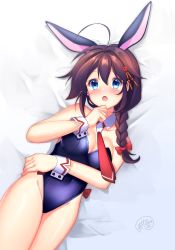 Rule 34 | 1girl, adapted costume, animal ears, bare shoulders, blue eyes, blue leotard, braid, breasts, cleavage, detached collar, fake animal ears, hair flaps, hair ornament, hair ribbon, ittokyu, kantai collection, leotard, long hair, looking at viewer, lying, medium breasts, necktie, open mouth, playboy bunny, rabbit ears, red necktie, ribbon, shigure (kancolle), shigure kai ni (kancolle), single braid, solo, strapless, strapless leotard, wrist cuffs