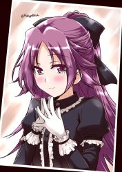Rule 34 | 10s, 1girl, aged down, alternate costume, black dress, commentary, dress, gloves, hair ribbon, jun&#039;you (kancolle), kantai collection, long hair, mikage takashi, one-hour drawing challenge, own hands together, photo (medium), ponytail, purple eyes, purple hair, ribbon, smile, solo, steepled fingers, twitter username, white gloves