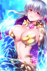 Rule 34 | 1girl, absurdres, armlet, artist name, ayuteisyoku, bad id, bad pixiv id, bare shoulders, blush, bracelet, breasts, earrings, fate/grand order, fate (series), flower, hair ornament, hair ribbon, highres, jewelry, kama (fate), kama (third ascension) (fate), knee up, large breasts, long hair, looking at viewer, navel, parted lips, red eyes, revealing clothes, ribbon, silver hair, sitting, smile, solo, sparkle, thighs