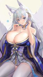 Rule 34 | 1girl, absurdres, animal ear fluff, animal ears, azur lane, bare shoulders, blue eyes, breasts, cleavage, detached collar, fox ears, fox tail, hair ornament, hands up, highres, holding, huge breasts, japanese clothes, kimono, long hair, long sleeves, looking at viewer, nanam (nanam sk), off shoulder, pouring, pouring onto self, raised eyebrows, seiza, shinano (azur lane), sitting, suggestive fluid, tail, thighhighs, thighs, white hair, white thighhighs, wide sleeves