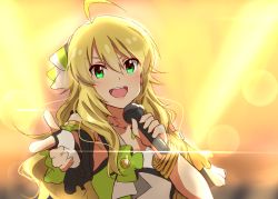 Rule 34 | 1girl, ahoge, blonde hair, bow, bracelet, collarbone, dars (recolors), fingerless gloves, gloves, green eyes, hair between eyes, hair bow, holding, holding microphone, hoshii miki, idolmaster, idolmaster (classic), jewelry, lens flare, long hair, looking at viewer, microphone, necklace, sketch, solo, sparkle, upper body, white gloves