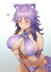 Rule 34 | 1girl, animal ears, bikini, bracelet, breasts, covered erect nipples, gradient background, grey background, highres, jewelry, karochii, large breasts, long hair, makoto (princess connect!), makoto (summer) (princess connect!), navel, princess connect!, purple bikini, purple hair, side-tie bikini bottom, solo, spoken squiggle, squiggle, swimsuit, tail, wolf ears, wolf girl, wolf tail, yellow eyes