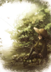 Rule 34 | 1girl, black hair, black thighhighs, blush, bug, dragonfly, fishing, grass, hat, holding, insect, kuroe ayaka, lake, lif (lif &amp; ref), long sleeves, nature, outdoors, profile, rock, shirt, sitting, solo, straw hat, strike witches, strike witches zero, sun hat, thighhighs, tree, water, world witches series