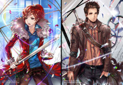 Rule 34 | 1boy, 1girl, beard, blue shirt, brown eyes, brown hair, brown shirt, facial hair, gears, goatee, jacket, jewelry, leather, leather jacket, maerel hibadita, necklace, pointy ears, ponytail, puffy sleeves, red eyes, red hair, sheath, sheathed, shirt, short hair, sword, weapon