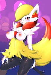 Rule 34 | 1girl, :3, animal ear fluff, animal ears, ashraely, blonde hair, blush, bob cut, braixen, breasts, cleft of venus, closed mouth, commission, creatures (company), female focus, fox ears, fox tail, furry, furry female, fusion, game freak, gardevoir, gen 3 pokemon, gen 6 pokemon, gluteal fold, gradient background, groin, happy, highres, holding, jpeg artifacts, lens flare, looking at viewer, medium breasts, multicolored hair, navel, nintendo, nipples, pokemon, pokemon (creature), purple background, pussy, red eyes, red hair, shiny skin, short hair, simple background, smile, solo, standing, stick, tail, two-tone hair, uncensored