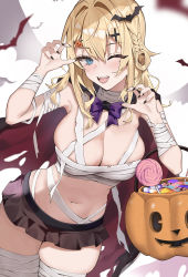 Rule 34 | 1girl, ;d, bandaged arm, bandaged leg, bandaged neck, bandages, bat (animal), bat hair ornament, black nails, blonde hair, blue eyes, blush, bow, bowtie, breasts, brown skirt, candy, candy cane, cape, claw pose, cleavage, commentary request, cowboy shot, fang qiao, fangs, fingernails, food, food-themed hair ornament, hair between eyes, hair intakes, hair ornament, halloween, hands up, highres, jack-o&#039;-lantern, large breasts, lollipop, long fingernails, long hair, loose bandages, microskirt, mole, mole under eye, nail polish, navel, one eye closed, open mouth, original, pumpkin hair ornament, purple bow, purple bowtie, red cape, skindentation, skirt, smile, solo, teeth, torn cape, torn clothes, upper teeth only, x hair ornament