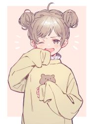 Rule 34 | 1girl, ahoge, border, brown eyes, brown hair, commentary, double bun, hair bun, hana moto, highres, light blush, long sleeves, one eye closed, open mouth, original, pink background, sleeves past fingers, sleeves past wrists, solo, sweater, upper body, white border, yawning, yellow sweater
