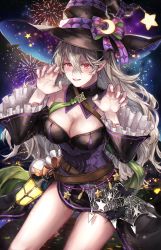 Rule 34 | 1girl, absurdres, bad id, bad pixiv id, bare shoulders, breasts, cleavage, corrin (female) (fire emblem), corrin (fire emblem), cowboy shot, detached collar, fire emblem, fire emblem fates, fire emblem heroes, fireworks, grey hair, halloween costume, hands up, hat, highres, lantern, large breasts, long hair, long sleeves, looking at viewer, night, night sky, nintendo, official alternate costume, pointy ears, red eyes, sky, sobasakuhin, solo, thighs, witch hat