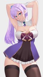 Rule 34 | 1girl, armpits, arms behind head, arms up, black dress, blue eyes, breasts, brown thighhighs, collar, detached collar, dress, elchalo, empty eyes, eyebrows, eyeliner, female focus, gloves, grey background, head tilt, indie virtual youtuber, kyria (vtuber), large breasts, long hair, looking at viewer, makeup, multicolored clothes, parted lips, purple dress, purple hair, simple background, solo, standing, teeth, thighhighs, twintails, two-tone collar, virtual youtuber, white collar, white dress, white gloves, yellow collar