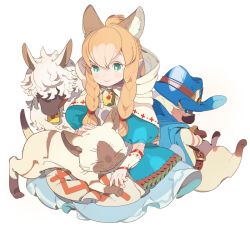Rule 34 | 1girl, :3, animal ears, belt, blonde hair, blue eyes, blue hair, blush, braid, cape, closed mouth, dress, closed eyes, facial hair, felyne, green eyes, hat, hood, long hair, lying, maruco, meowstress, monster hunter (series), monster hunter x, moofah, mustache, nekojo, on stomach, paw print, headpat, pointy ears, simple background, sitting, twin braids, whiskers, white background