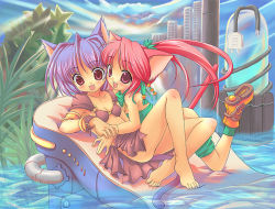 Rule 34 | 2girls, animal ears, armband, barefoot, blue hair, cat ears, cuffs, feet, grass, halterneck, long hair, looking at viewer, multiple girls, open mouth, outdoors, pink eyes, pink hair, ponytail, scramble egg, shoes, short hair, skirt, smile, toes, water