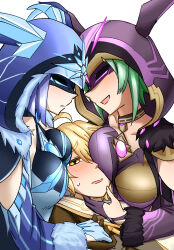 Rule 34 | 1boy, 2girls, aether (genshin impact), blue hair, breast rest, breast smother, breasts, breasts on head, cicin mage (genshin impact), cryo cicin mage (genshin impact), delusion (genshin impact), electro cicin mage (genshin impact), face to breasts, fur trim, genshin impact, girl sandwich, grabbing another&#039;s chin, green hair, hand on another&#039;s chin, highres, hood, hood up, large breasts, misokanaru, multiple girls, sandwiched, short hair