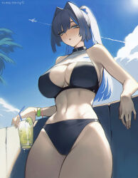 1girl aircraft airplane alternate_costume alternate_hairstyle bikini blue_bikini blue_eyes blue_hair blue_sky blunt_bangs blush breasts cleavage cleavage_cutout clothing_cutout cloud colored_inner_hair commentary contrail cup day hair_intakes halterneck high_ponytail highres holding holding_cup hololive hololive_english large_breasts lemon_juice long_hair looking_at_viewer multicolored_hair navel ouro_kronii outdoors parted_lips sky solo stomach swimsuit tomatoketchup96 toned_female virtual_youtuber