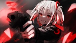 Rule 34 | 1girl, absurdres, black jacket, blonde hair, blood, blood from mouth, blood in hair, chxoswolf, clenched teeth, commentary, english commentary, gun, hair between eyes, hair ribbon, highres, holding, holding gun, holding weapon, jacket, light particles, long sleeves, lycoris recoil, nishikigi chisato, one side up, red eyes, red ribbon, ribbon, screentones, short hair, sidelocks, signature, solo, teeth, upper body, weapon