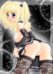 Rule 34 | 00s, 1girl, amane misa, ass, bent over, blonde hair, blue eyes, blush, breasts, choker, cleft of venus, clothes lift, clothes pull, death note, detached sleeves, dress, dress lift, dress pull, earrings, fishnet thighhighs, fishnets, garter straps, goth fashion, hase yu, jewelry, looking back, nipples, no panties, pussy, small breasts, solo, thighhighs, two side up, uncensored