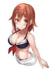Rule 34 | 1girl, adapted costume, bikini, black bikini, blush, breasts, brown eyes, cleavage, collarbone, cropped torso, fumikiri, hair between eyes, kantai collection, large breasts, looking at viewer, navel, red hair, sarong, shiratsuyu (kancolle), short hair, simple background, smile, solo, swimsuit, upper body, white background, white sarong