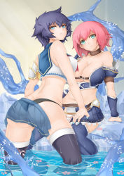 Rule 34 | 2girls, absurdres, armband, bad id, bad pixiv id, bare shoulders, black legwear, blue hair, blush, breasts, flower, green eyes, head tilt, highres, looking at viewer, looking back, midriff, multiple girls, navel, oni-noboru, original, partially submerged, pink hair, revision, see-through, shiny skin, short hair, skirt, thighhighs, wading, water, wet, wet clothes