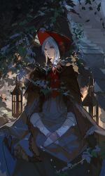 Rule 34 | 1girl, absurdres, bloodborne, bonnet, cloak, closed mouth, commentary, doll joints, flower, grey hair, hat, highres, joints, looking to the side, parted bangs, plain doll, red hat, satsuya, short hair, solo