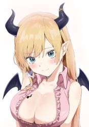 Rule 34 | 1girl, absurdres, artist request, bare shoulders, blonde hair, blush, breast tattoo, breasts, cleavage, collarbone, green eyes, highres, hololive, horns, large breasts, long hair, looking at viewer, pointy ears, smile, solo, tattoo, upper body, virtual youtuber, white background, wings, yuzuki choco