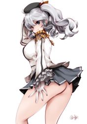 Rule 34 | 10s, 1girl, absurdres, ass, bare legs, beret, black hat, blue eyes, blush, breasts, epaulettes, exhibitionism, feet out of frame, female focus, frilled sleeves, frills, gloves, grey hair, hat, highres, kantai collection, kashima (kancolle), legs, long hair, looking at viewer, looking back, military, military uniform, miniskirt, no panties, pleated skirt, public indecency, shoulder tassels, signature, simple background, skirt, solo, souryu, standing, tsurime, twintails, uniform, upskirt, wavy hair, white background, white gloves