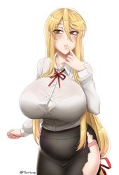 Rule 34 | 1girl, black skirt, blonde hair, blush, breasts, brown eyes, buttons, commentary, cowboy shot, curvy, eyes visible through hair, finger to mouth, hair between eyes, hair ribbon, highschool of the dead, huge breasts, long hair, long sleeves, looking at viewer, low-tied long hair, marikawa shizuka, panties, parted lips, pink panties, red ribbon, ribbon, shirt, simple background, skirt, solo, taut clothes, taut shirt, torn clothes, torn skirt, twrlare, underwear, very long hair, white background