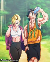 Rule 34 | 1boy, 1girl, abs, absurdres, alternate costume, alternate hairstyle, armpits, backpack, bag, black hair, blonde hair, blue eyes, bottle, breasts, brother and sister, dragon ball, dragon ball super, drinking, earrings, feet out of frame, hand on pocket, highres, jacket, jewelry, medium breasts, muscular, muscular female, muscular male, one eye covered, pants, sarulart, serious, siblings, sportswear, tank top, tree, water bottle