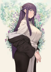 Rule 34 | 1girl, absurdres, black coat, blush, breasts, coat, commentary request, dress, fern (sousou no frieren), flower, hair ornament, half updo, highres, large breasts, long hair, long sleeves, looking at viewer, off shoulder, partial commentary, purple eyes, purple hair, revision, sidelocks, solo, sousou no frieren, standing, tokopi, white dress