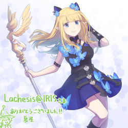 Rule 34 | 1girl, arm belt, black dress, black gloves, blonde hair, blue butterfly, blue flower, blunt bangs, blush, breasts, bug, butterfly, cat, closed mouth, commentary request, commission, dress, earrings, feet out of frame, flower, gloves, hair flower, hair ornament, highres, holding, holding staff, insect, jewelry, large breasts, long hair, looking at viewer, natsuya (kuttuki), pointy ears, ragnarok online, ragnarok origin, single glove, skeb commission, smile, solo, staff, strapless, strapless dress