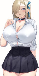 1girl :p absurdres arm_behind_back asuna_(blue_archive) asuna_(school_uniform)_(blue_archive) black_skirt blue_archive blue_eyes blush breasts choker cleavage collared_shirt commentary_request covered_erect_nipples cowboy_shot hair_over_one_eye highres huge_breasts light_brown_hair long_hair long_sleeves looking_at_viewer namazu_(yamasonson) one_eye_covered pleated_skirt shirt shirt_tucked_in simple_background skirt solo tongue tongue_out white_background white_shirt