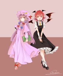 Rule 34 | 2girls, bad id, bad pixiv id, bat wings, black dress, black footwear, blue bow, blunt bangs, book, bow, capelet, crescent, crescent hair ornament, dress, footwear bow, full body, hair bow, hair ornament, hat, head wings, highres, holding, koakuma, long sleeves, looking at viewer, mob cap, multiple girls, necktie, open mouth, patchouli knowledge, pink footwear, pointy ears, purple dress, purple eyes, purple hair, purple hat, red bow, red eyes, red hair, shoes, short sleeves, slit pupils, smile, socks, souta (karasu no ouchi), touhou, v arms, white legwear, wing collar, wings, wrist cuffs, yellow neckwear