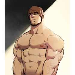 Rule 34 | 1boy, abs, alternate facial hair, alternate muscle size, alternate pectoral size, ardbert hylfyst, arm hair, bara, beard, blue eyes, brown hair, completely nude, facial hair, final fantasy, final fantasy xiv, large pectorals, looking to the side, male focus, mature male, muscular, muscular male, navel, nipples, nude, pectorals, short hair, solo, stomach, thick eyebrows, upper body, wkokbu