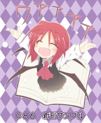 Rule 34 | 1girl, :d, ^ ^, aged down, alternate hair length, alternate hairstyle, animal ears, arms up, ascot, bat ears, bat wings, book, checkered background, closed eyes, hands up, happy, head wings, koakuma, long sleeves, low wings, open mouth, red hair, satou kibi, short hair, smile, solo, through medium, through page, touhou, translation request, wings
