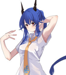 1girl arknights arm_up armpits blue_hair blush brown_eyes ch&#039;en_(arknights) collared_shirt commentary_request eyes_visible_through_hair fanning_self hair_between_eyes hand_up hot lily0428 long_hair necktie open_collar parted_lips ponytail purple_tail shirt short_sleeves sidelocks simple_background solo sweat tail upper_body white_background white_shirt yellow_necktie