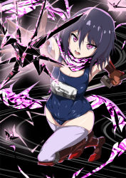 Rule 34 | 10s, 1girl, black hair, covered navel, elbow gloves, gloves, katana, mata-aro, name tag, ninja slayer, old school swimsuit, one-piece swimsuit, open mouth, origami, purple eyes, scarf, school swimsuit, short hair, solo, swimsuit, sword, thighhighs, vambraces, weapon, yamoto koki