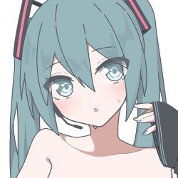 Rule 34 | 1girl, aqua eyes, aqua hair, aqua nails, bad id, bad pixiv id, bare shoulders, black sleeves, blush, chestnut mouth, collarbone, commentary, giryu, hair ornament, hand up, hatsune miku, headset, long hair, looking at viewer, nail polish, nude, open mouth, portrait, sleeves past wrists, solo, sweat, twintails, vocaloid, white background