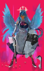 Rule 34 | 1girl, black pantyhose, blue archive, blue hair, blue wings, braid, breasts, broken shield, dress, exocet (exocet4), glowing, glowing eye, green eyes, gun, halo, hat, highres, holding, holding gun, holding shield, holding weapon, injury, juliet sleeves, large breasts, long hair, long sleeves, mine (blue archive), nurse cap, pantyhose, pointy ears, puffy sleeves, red background, riot shield, shield, shotgun, shotgun shell, torn clothes, torn pantyhose, weapon, white dress, wings, yellow halo