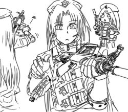 Rule 34 | 1girl, assault rifle, braid, bullpup, didloaded, gloves, greyscale, gun, hat, headset, hong meiling, load bearing vest, long hair, military, military operator, military uniform, monochrome, qbz-95, reloading, rifle, star (symbol), suppressor, tactical clothes, touhou, twin braids, uniform, weapon