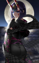 Rule 34 | 1girl, ass, back, black kimono, bob cut, breasts, eyeliner, fate/grand order, fate (series), faton, floral print, full moon, headpiece, highres, horn ornament, horn ring, horns, japanese clothes, kimono, long sleeves, looking at viewer, looking back, lostroom outfit (fate), makeup, moon, night, night sky, obi, oni, purple eyes, purple hair, sash, short hair, shuten douji (fate), shuten douji (lostroom outfit) (fate), skin-covered horns, sky, small breasts, smile, solo, wide sleeves