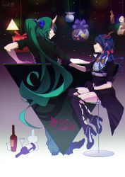 Rule 34 | 2girls, absurdres, alternate costume, alternate eye color, alternate hairstyle, arknights, blue hair, blue ribbon, bottle, box, ch&#039;en (arknights), check commentary, cocktail glass, commentary, commentary request, cup, dress, drinking glass, food, gift, gift box, gloves, green hair, hako (misheyes), high heels, highres, horns, hoshiguma (arknights), looking at another, multiple girls, pants, ponytail, red eyes, red ribbon, ribbon, shin guards, shoes, sitting, skin-covered horns, sleeves rolled up, smile, standing, string, sweets, teruterubouzu