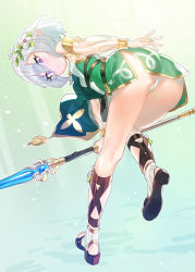 Rule 34 | 1girl, antenna hair, ass, blush, braid, brown footwear, closed mouth, commentary request, detached sleeves, dress, flower, full body, green dress, hair between eyes, hair flower, hair ornament, holding, holding polearm, holding spear, holding weapon, kokkoro (princess connect!), long sleeves, looking at viewer, looking back, panties, pointy ears, polearm, princess connect!, puffy long sleeves, puffy sleeves, purple eyes, see-through, see-through sleeves, shoe soles, silver hair, socks, solo, spear, standing, standing on one leg, stirrup legwear, subachi, toeless legwear, underwear, weapon, white flower, white panties, white socks