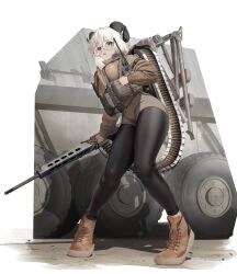 Rule 34 | 1girl, armor, bad link, black horns, breastplate, breasts, curled horns, full body, glasses, goat horns, gun, highres, holding, holding gun, holding weapon, horns, jacket, large breasts, long sleeves, looking at viewer, machine gun, magazine (weapon), nine (kanine41), open mouth, original, pantyhose, round eyewear, shirt, shoes, short hair, shorts, simple background, solo, weapon, white background, white hair, yellow eyes