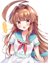 Rule 34 | 1girl, :d, adapted costume, ahoge, aqua sailor collar, arm behind back, arms behind back, bad id, bad pixiv id, blush, braid, brown eyes, brown hair, commentary request, dress, fang, green sailor collar, hair intakes, heart, highres, huge ahoge, kantai collection, kuma (kancolle), long hair, looking at viewer, masayo (gin no ame), neckerchief, open mouth, pleated dress, red eyes, red neckerchief, sailor collar, sailor dress, short sleeves, simple background, skin fang, smile, solo, translation request, white background, white dress