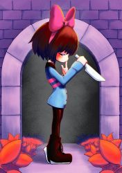 1other, androgynous, arch, arched back, bangs, black eyes, black footwear, black legwear, blue jumpsuit, blush, bob cut, boots, bow, brick wall, brown hair, buttons, dagger, finger to mouth, flower, frisk (undertale), from side, full body, hair bow, hairband, half-closed eyes, hands up, heel up, highres, holding, holding dagger, holding weapon, index finger raised, leggings, looking down, looking to the side, pink bow, pink hairband, profile, purple background, red flower, short hair, short jumpsuit, sidelocks, solo, standing, undertale, uno usaya, weapon